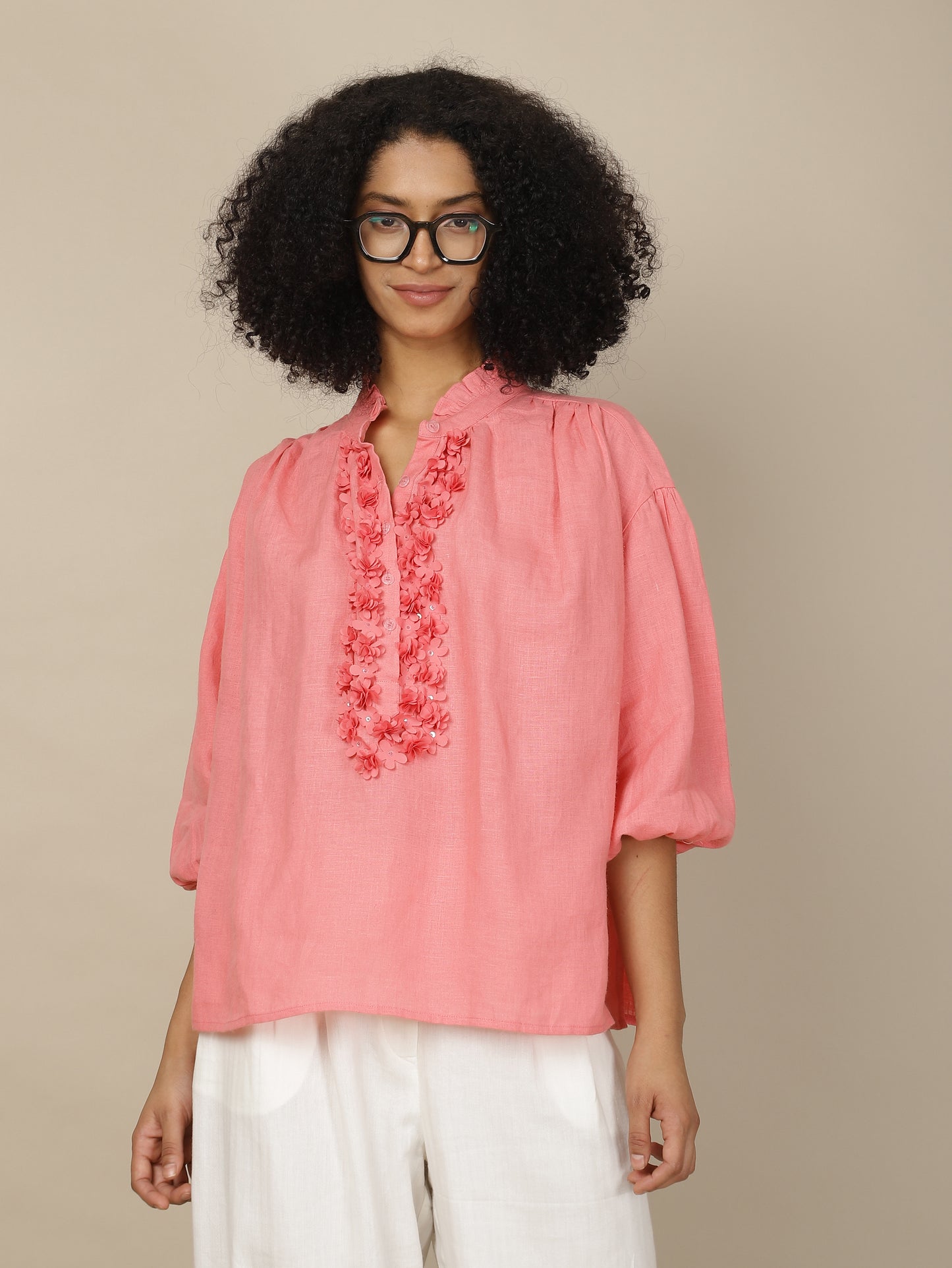 Coral wisteria linen top