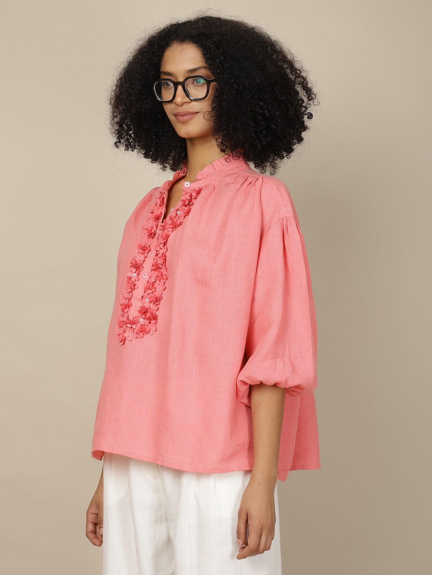 Coral wisteria linen top