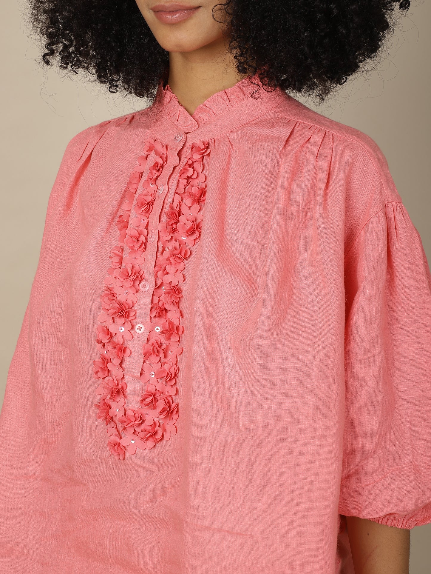 Coral wisteria linen top