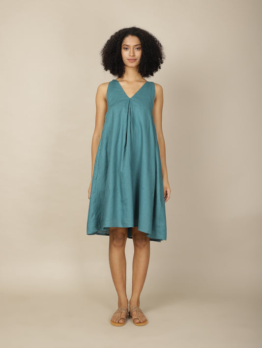 Teal chic linen dress