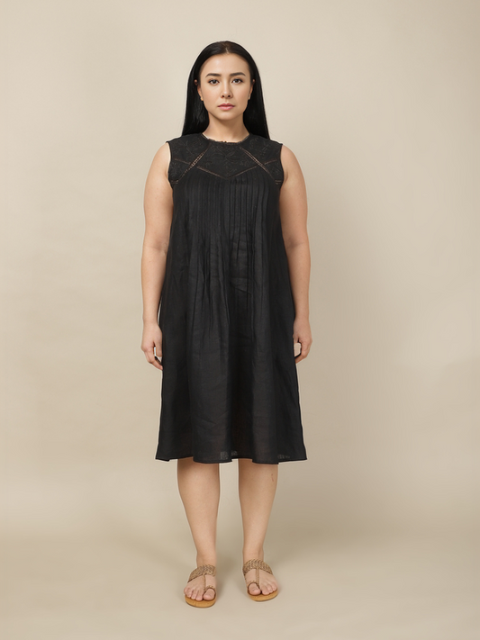 Lace reverie black linen dress